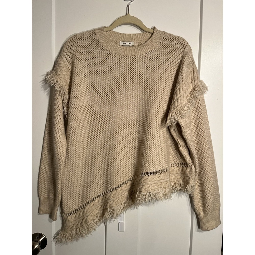 Stellah Womens M Asymmetrical Fringe Hem Knit Sweater Beige Boho Pullover